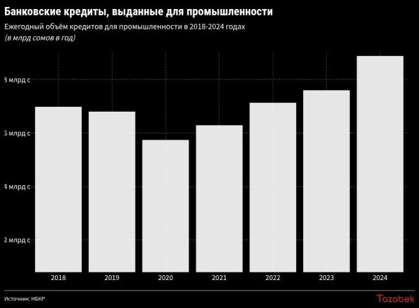 Промышленный сектор взял банковских кредитов на 9 млрд сомов в 2024 году