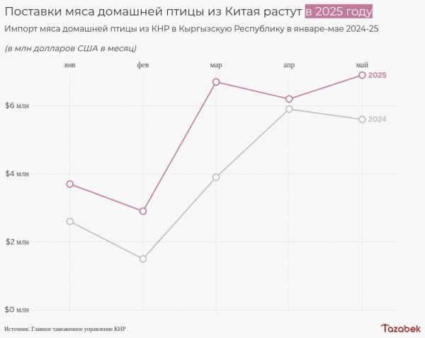 В Кыргызстане в 2025 году растёт спрос на мясо домашней птицы из КНР